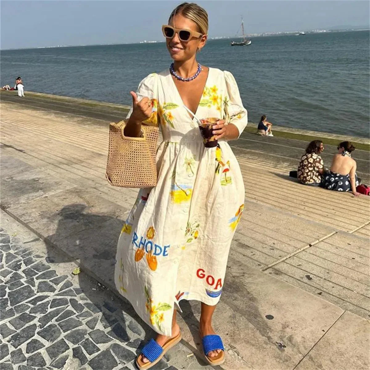 O-Neck Printed Bubble Sleeve Dress Tie Slit Fashion Dresses Women's Summer New Beach Vacation Bohemian Long Vestidos Loose Robes