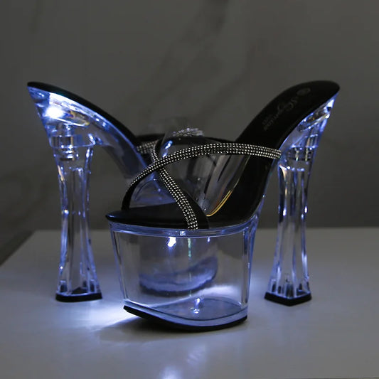 Sandales à plateforme pour femmes, talons épais, chaussures de boîte de nuit, chaussures lumineuses, défilé, pole dance, semelle en cristal, 17 cm, LFD-10367-A24