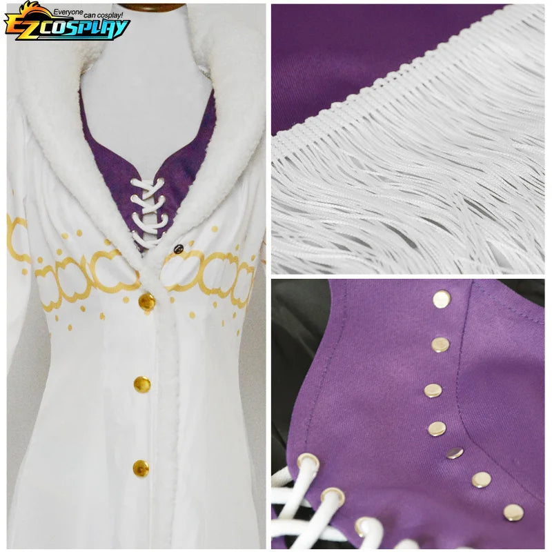 Nico Robin Cosplay Costume Anime One Piece Purple Dress Uniform Long Fur Collar White Cloak Punk Outfit Halloween for Adult