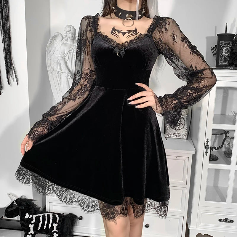 E-girlGrunge Gothique Mini Robe Noire Dentelle Bordure Taille Haute Robe Moulante Y2K Femmes Années 90 Vintage Punk Harajuku Lolita Vêtements