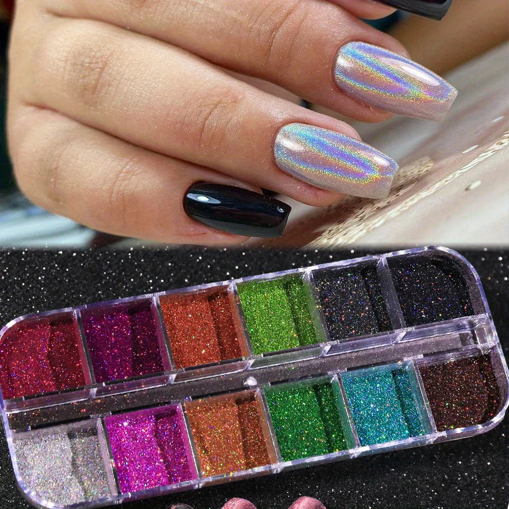 Ensemble de poudre holographique Holo Silver Rub Dust Black Pink Chrome Poudre pailletée pour ongles Pigment laser pour manucure DIY