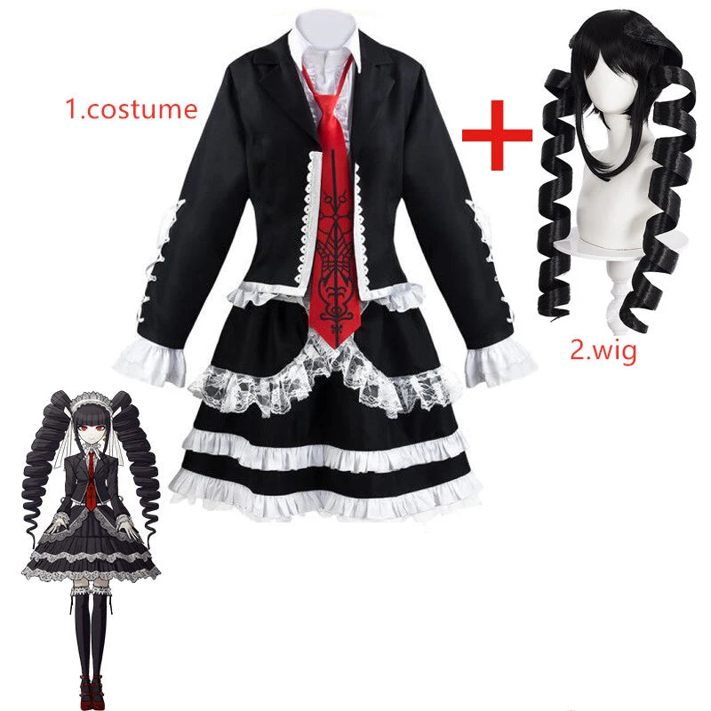 Costume de Cosplay de Danganronpa Celestia Ludenberg, perruque de Cosplay de Yasuhiro Taeko, anneau en os en métal, vêtements comprenant une chemise, une cravate et des chaussettes