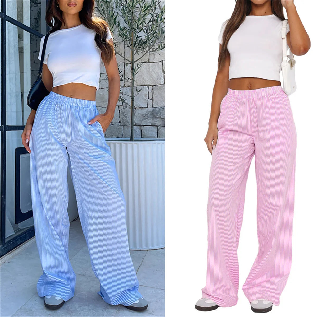 Pantalon décontracté à rayures Y2K pour femme avec cordon de serrage, taille élastique, pantalon long ample et droit avec poches, streetwear avec poche