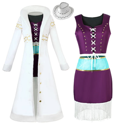 Anime Nico Robin Cosplay Kostüm Hut Lila Kleid Uniform Lange Pelz Kragen Weißen Mantel Punk Outfit Halloween für Erwachsene Halloween