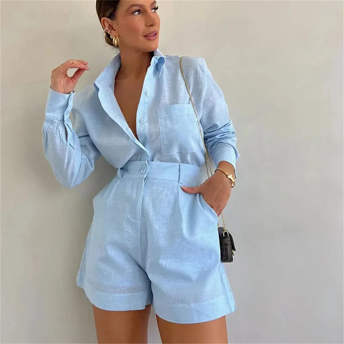 2024 Casual Beach Suits Mode Été Coton Lin Lâche Volants Shorts Costumes Femmes Manches Longues Cordon Pull 2 ​​Pièces Ensemble