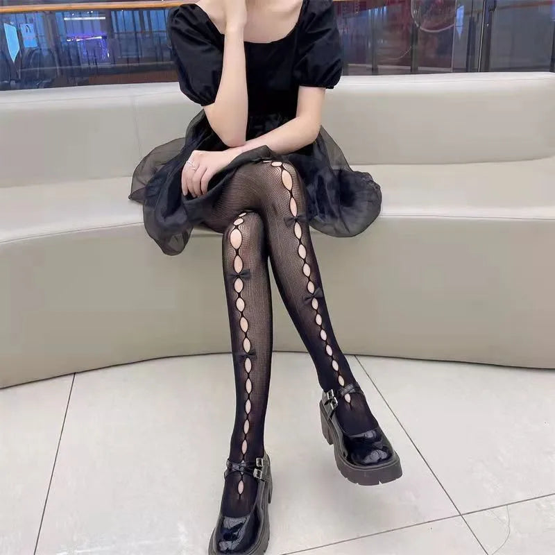 Lolita Cosplay Girls Bowknot Hollow Out Pantyhose Sexy Thin Ins Tide Lace Tights Anime Socks Black White Fishnet Silk Stockings