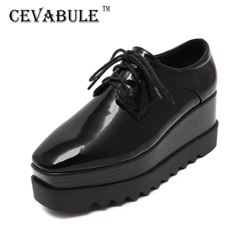 CEVABULE Chaussures compensées simples en cuir verni à talons hauts pour femmes Chaussures décontractées à bouche profonde Chaussures à plateforme Chaussures à plateforme HZB-588