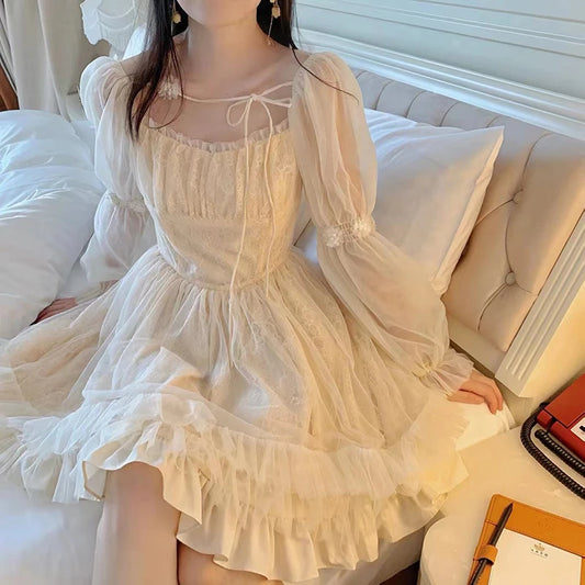 Robe Lolita Kawaii à manches longues pour femme, mini robe décontractée vintage, style féerique japonais, esthétique, une pièce