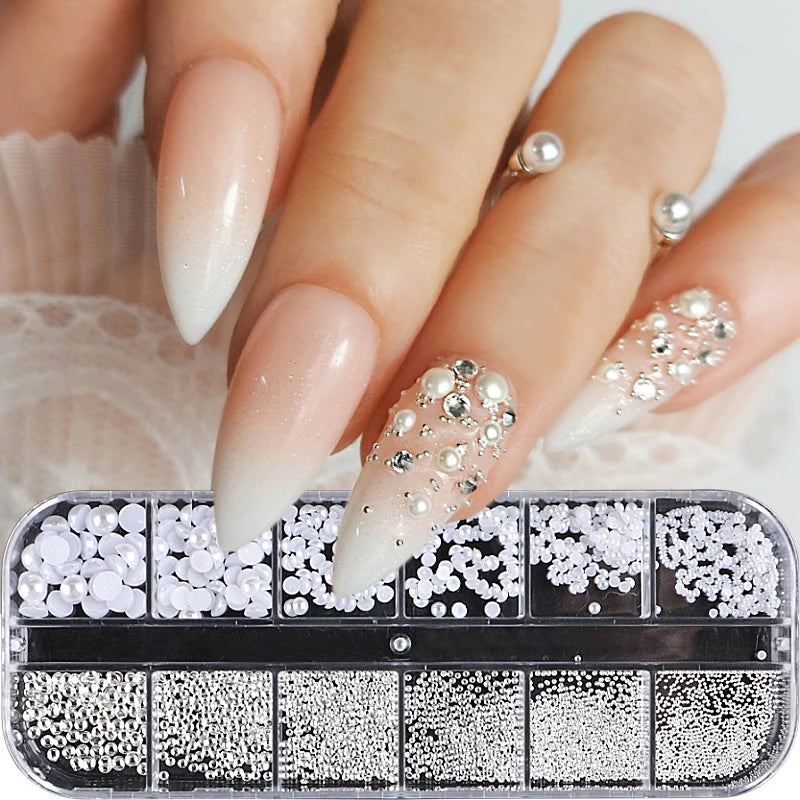 12 grilles blanches demi-rondes perles nail art décoration taille mixte argent or mini boule en acier rivet strass ongles accessoires