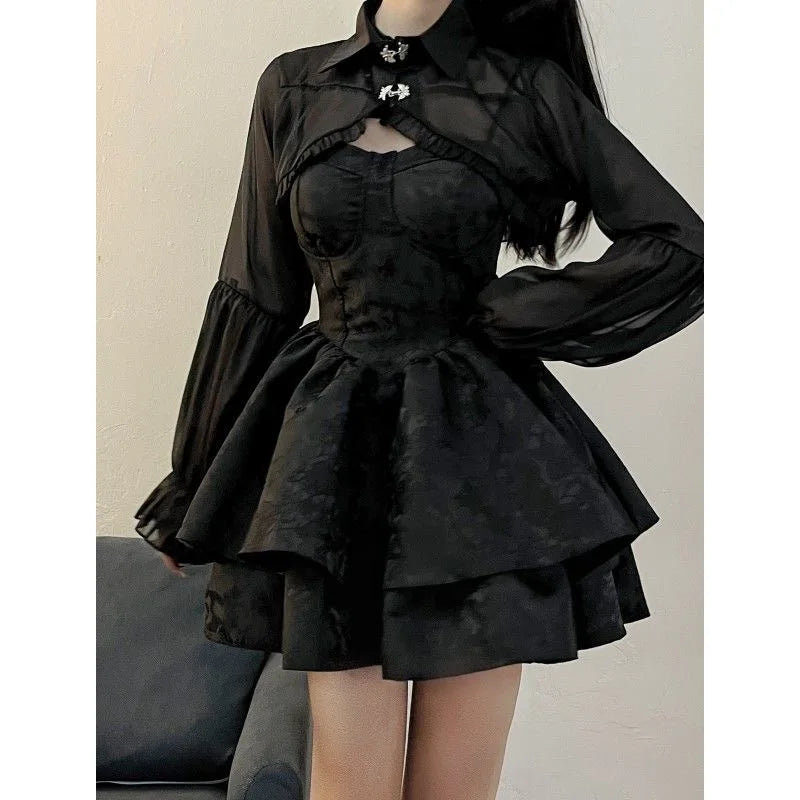 Schwarzes Sexy Lolita-Kleid für Damen, Gothic, Vintage, Minikleider, Harajuku, Halloween, Cosplay, Kostüme, Langarm, Fee-Kleid, Frau