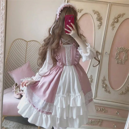 Alice im Wunderland, süßes Lolita-OP-Kleid für Damen, Volant, Spitzenbesatz, japanischer Harajuku, lange Ärmel, Puppenkleid für Teenager, Fee, Vestidos