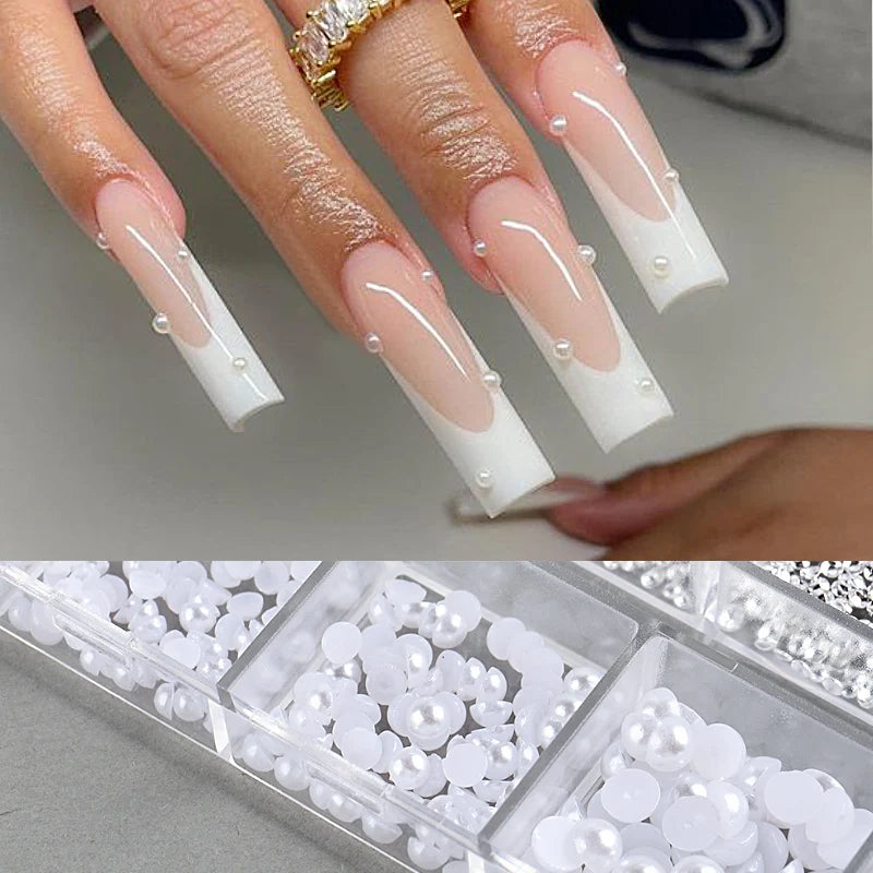 12 grilles blanches demi-rondes perles nail art décoration taille mixte argent or mini boule en acier rivet strass ongles accessoires