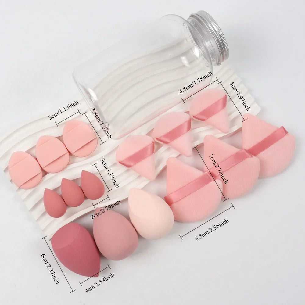 Ensemble d'éponges de maquillage 15 pièces avec pot de rangement, Beauty Blender Houppette à poudre Mini houppette à poudre Mini coussin d'air pour les doigts Houppette triangulaire