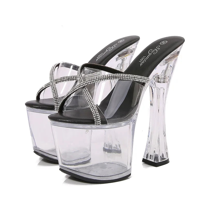 Sandales à plateforme pour femmes, talons épais, chaussures de boîte de nuit, chaussures lumineuses, défilé, pole dance, semelle en cristal, 17 cm, LFD-10367-A24