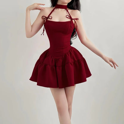 IAMHOTTY Robe de soirée de Noël trapèze sans manches rouge noir Kawaii nœud licou robe de bal robes de princesse Kawaii Lolita coréenne