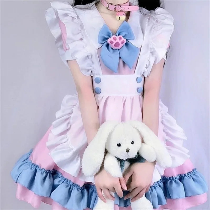 Tenue de femme de chambre Kawaii Lolita Anime Tenue de femme de chambre Cosplay rose + bleu Costume de jupe Lolita Costume de cosplay japonais mignon Tenue d'anime