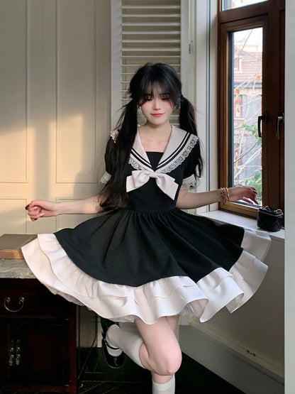 Schwarzes Kleid Damen Schleife Japanisches süßes Lolita-Kleid Damen Süße Spitze Puffärmel Studentenkleider Party Matrosenkragen Kawaii Kleid