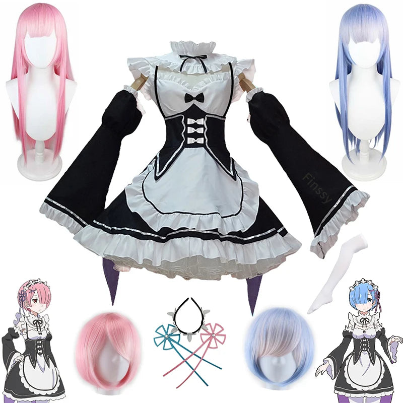 Anime „Leben in einer anderen Welt von Zero“: Rem/Ram Cosplay-Kostüm, Halloween, Frau, Cosplay-Perücke, Kleidung, inklusive Kopfbedeckung, Socken