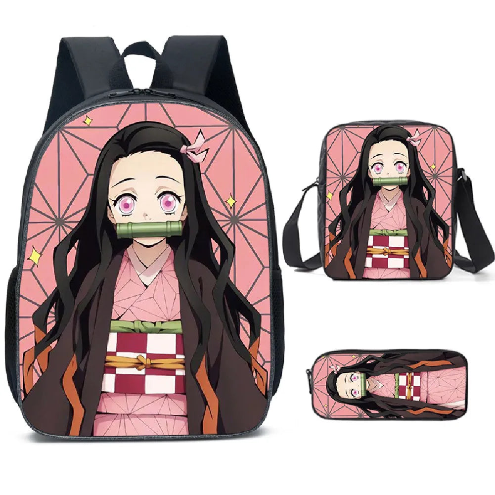 Anime Fashion Demon Slayer: Kimetsu No Yaiba Süßer Nezuko-Schulranzen-Rucksack Schülerrucksack Dreiteiliges Geschenk zum Schulanfang