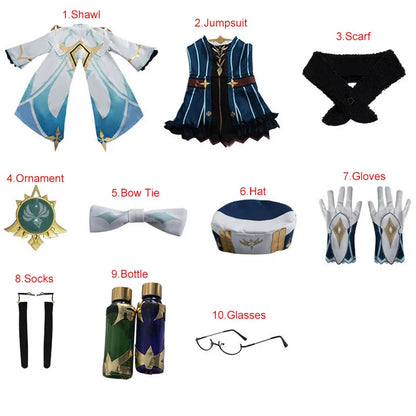 Genshin Impact Knights Sucrose Cosplay Costume Halloween Show Drôle Costume Femme Comprenant Des Ornements De Chaussettes Lunettes Bouteille