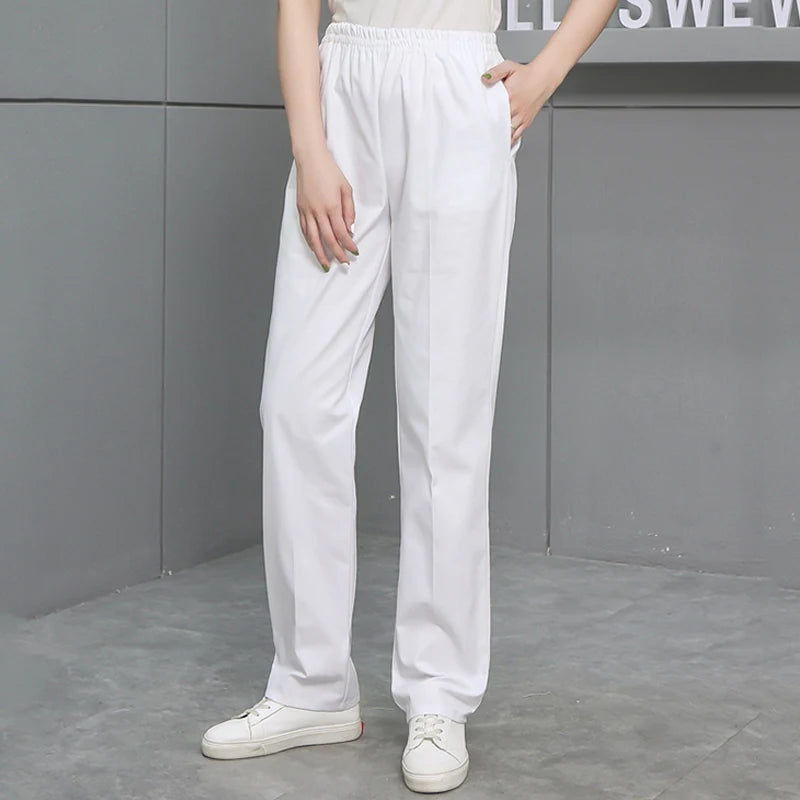 Nurse Cosplay Costume White Pants Side Trousers Pocket Elastic Waistband Lab Pants For Women Suitable For Height 155-185cm