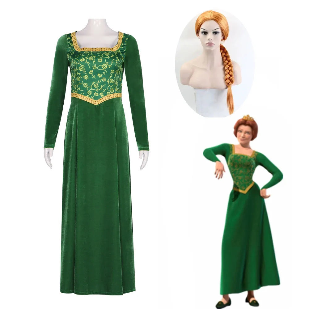 Anime Princesse Robe Verte Fiona Robe Shrek Cosplay Costume Halloween Fantaisie Fantaisie Fête Costume Jeu de Rôle pour Femme Adulte