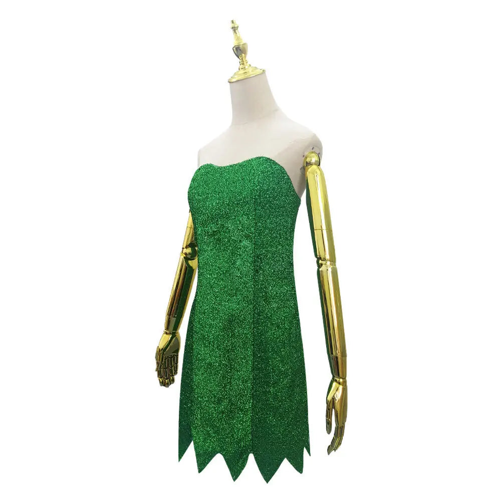 New Pixie Fairy Cosplay Costume Tinker Bell Green adult Dress Tinkerbell Halloween Party Sexy Cosplay Mini Dresses and Wig