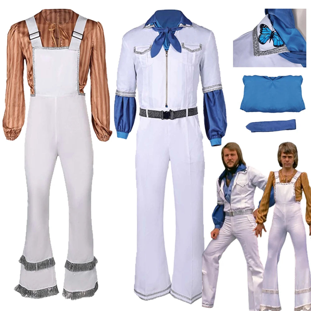 ABBA Cosplay 70s Men Fantasia Costume Benny Bjorn Cosplay ABBA 70s Disguise For Men Male Costume Vintage Shirt Strap Jumpsuit