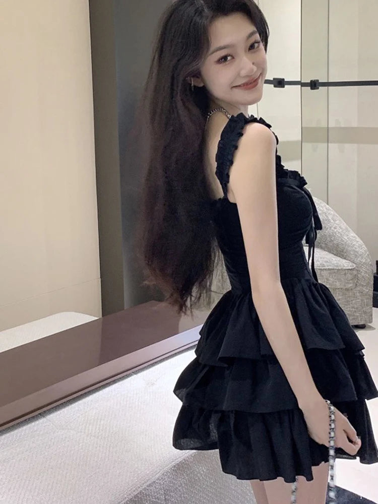 Jmprs Sexy Slip Lolita Style Black Dress Women Vintage Sleeveless Y2K Mini Dress Summer Slim Sweet Korean Lace Up Cake Dress New