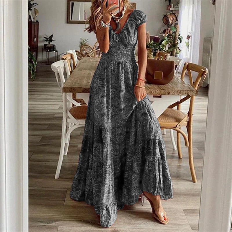 Bohemian Sommer Vintage Lange Kleider Frauen 2024 Elegante Blumen Druck V-ausschnitt Vestidos Strand Urlaub Casual Große Schaukel Maxi Kleider