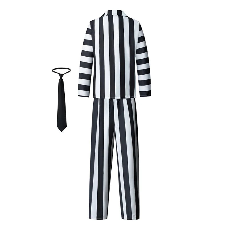 Costume de jeu de rôle d'Halloween pour adulte à motif noir et blanc explosif Hades Master Beetle Juice Beetle Juice 2