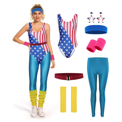 6-teiliges Retro-Cosplay-Kostüm für Damen im 80er-Jahre-Stil, bedruckt, Patchwork-Overall, Verkleidung für Erwachsene, 80er-Jahre-Party-Outfit, Halloween-Anzug