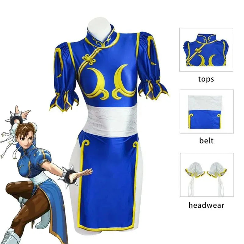 Costume de Cosplay Chun Li Jeu SF Chunli Jeu de Rôle Tenue Qipao Bleue Ensemble Complet Jackie Kung fu Costume de Fête d'Halloween Pour Le Plaisir