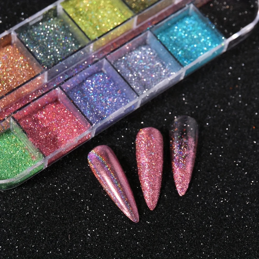 Ensemble de poudre holographique Holo Silver Rub Dust Black Pink Chrome Poudre pailletée pour ongles Pigment laser pour manucure DIY