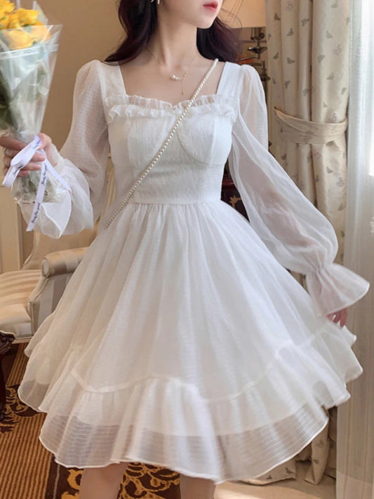 HOUZHOU Robe Kawaii Blanche Femmes Mousseline De Soie Style Lolita À Manches Longues Mini Robes Nœud Fée Robe Volants Patchwork Col Carré