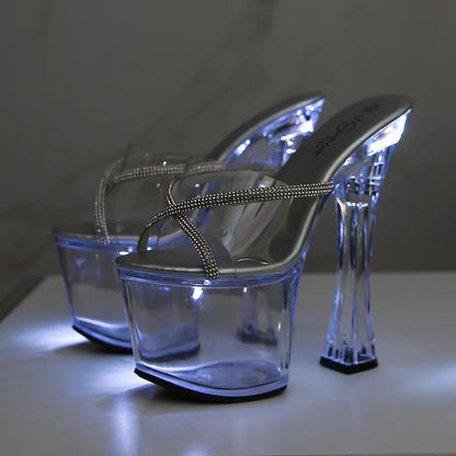 Sandales à plateforme pour femmes, talons épais, chaussures de boîte de nuit, chaussures lumineuses, défilé, pole dance, semelle en cristal, 17 cm, LFD-10367-A24