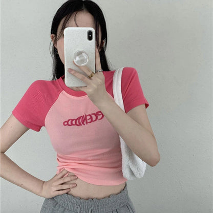 T-shirt Y2K pour femmes, patchwork, lettres, slim, haut court, streetwear, décontracté, mode coréenne, manches courtes, t-shirts Bae pour femmes