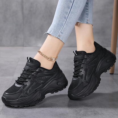 Womens Fashionable Chunky Mesh Sneakers - Breathable & Comfortable Elevator Design - Solid Color Trainers for Everyday Walking