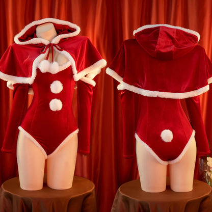 Anime Weihnachtsuniform-Bodysuit mit Umhang, roten Strümpfen, Outfits, Cosplay-Kostüme, Neujahrs-Plüsch-Nachthemd, Unterwäsche-Outfits