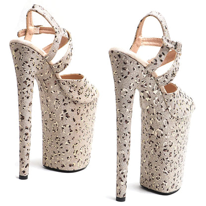 Leecabe 23cm/ 9inches Glitter Leopard print  upper  platform  high heel  open toe sandals  pole dance shoes