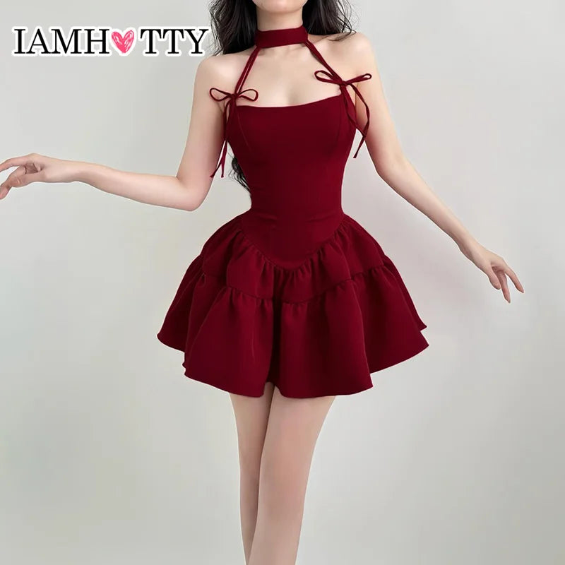 IAMHOTTY Robe de soirée de Noël trapèze sans manches rouge noir Kawaii nœud licou robe de bal robes de princesse Kawaii Lolita coréenne