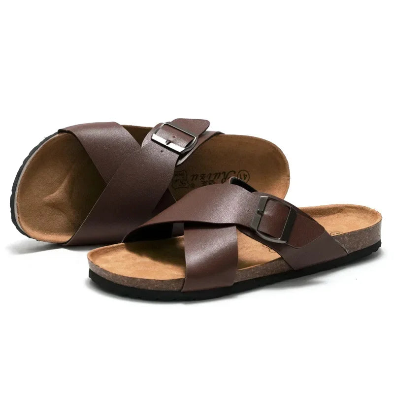 CEVABULE Herren-Sandalen mit gekreuzten Riemen und Kork-Sandalen, Strand, lässig, mit Kippfunktion, Herrenschuhe, Braun, KWN