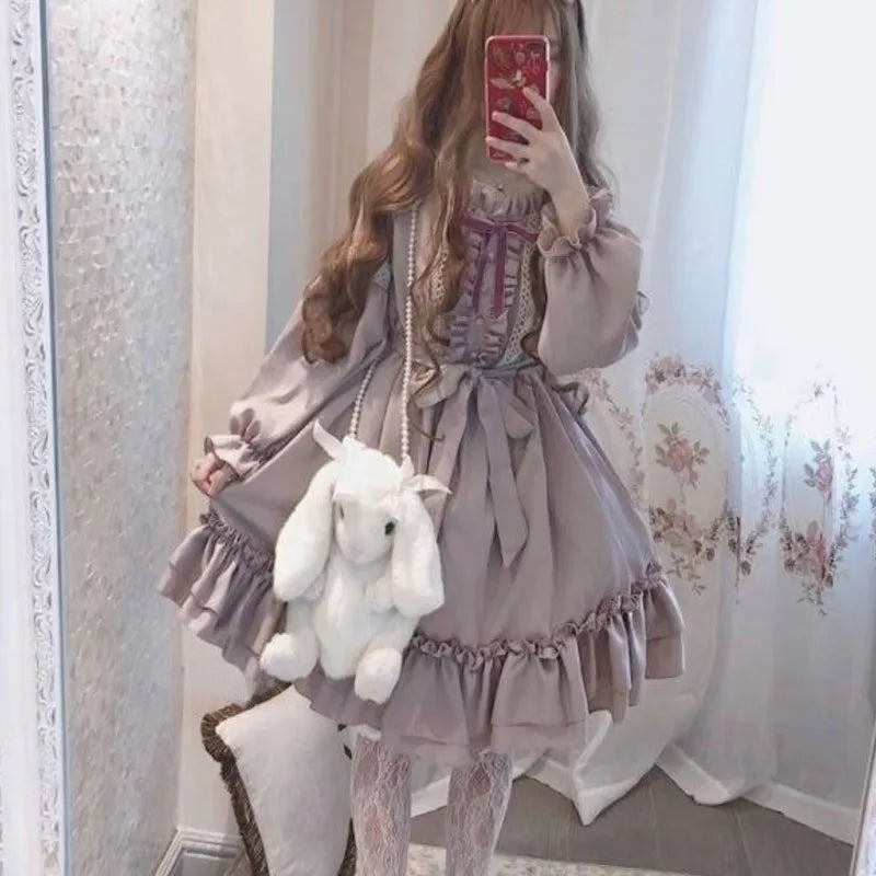 Alice im Wunderland, süßes Lolita-OP-Kleid für Damen, Volant, Spitzenbesatz, japanischer Harajuku, lange Ärmel, Puppenkleid für Teenager, Fee, Vestidos