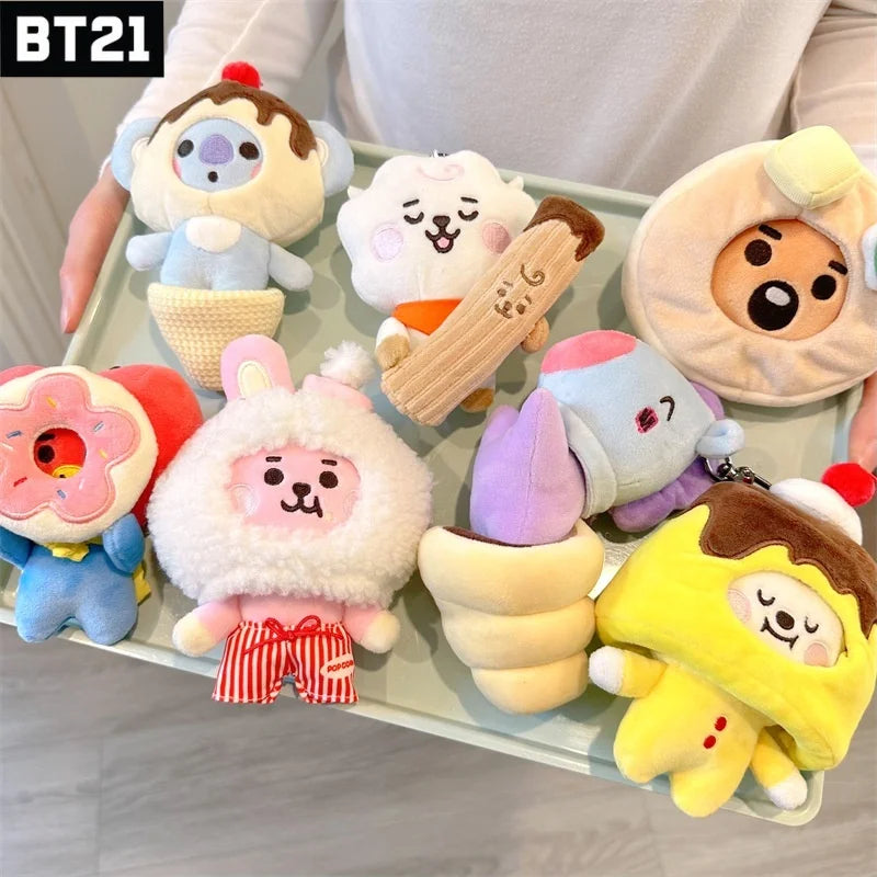 BT21 Beliebte Anime Kawaii COOKY KOYA Plüsch-Schlüsselanhänger Anhänger 10CM kleines Tier Cross-Dressing Dessert Kuchen Plüsch Puppe Rucksack pe