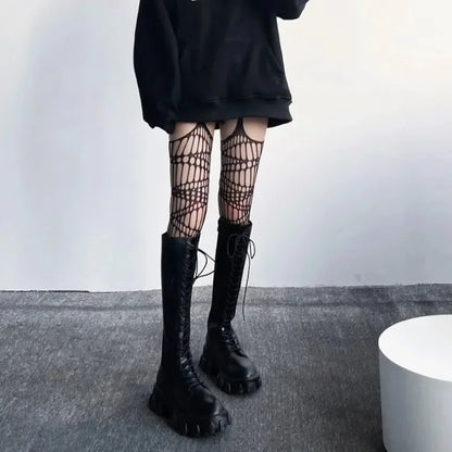 Lolita Gothique Filles Évider Résille Bas Femmes Mode Halloween Collants Noirs Jarretière Au-dessus Du Genou Chaussettes Collants Transparents