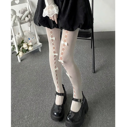 Lolita Cosplay Girls Bowknot Hollow Out Pantyhose Sexy Thin Ins Tide Lace Tights Anime Socks Black White Fishnet Silk Stockings