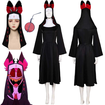 Nun Alastor Cosplay Nun Costume Hazzbin Fantasia Hotel Cosplay Hat Dress Disguise For Female Women Adult Halloween Carnival Suit