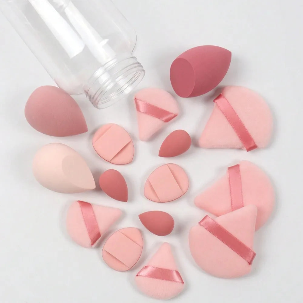 Ensemble d'éponges de maquillage 15 pièces avec pot de rangement, Beauty Blender Houppette à poudre Mini houppette à poudre Mini coussin d'air pour les doigts Houppette triangulaire