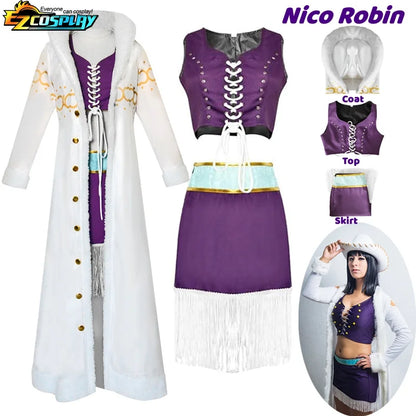 Nico Robin Cosplay Costume Anime One Piece Purple Dress Uniform Long Fur Collar White Cloak Punk Outfit Halloween for Adult