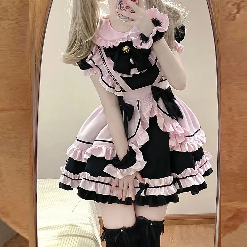 Robe Lolita noire et rose mignonne française, tenue de femme de chambre, costume de chat girly doux avec nœud, robes de bal d'anniversaire, robe d'été pour fille